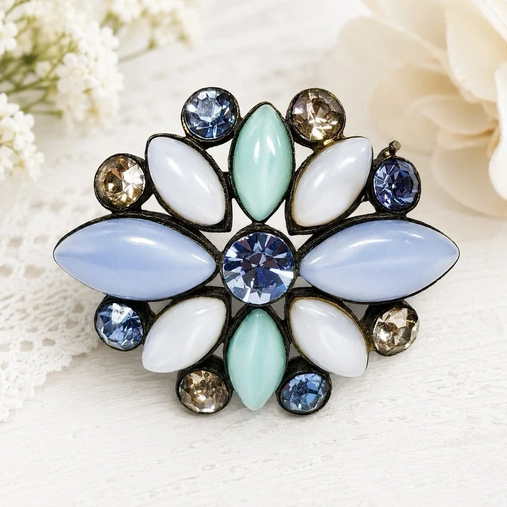 Vintage 80s Liz Claiborne Floral Brooch Blue Mint Milk Glass Rhinestone Cluster